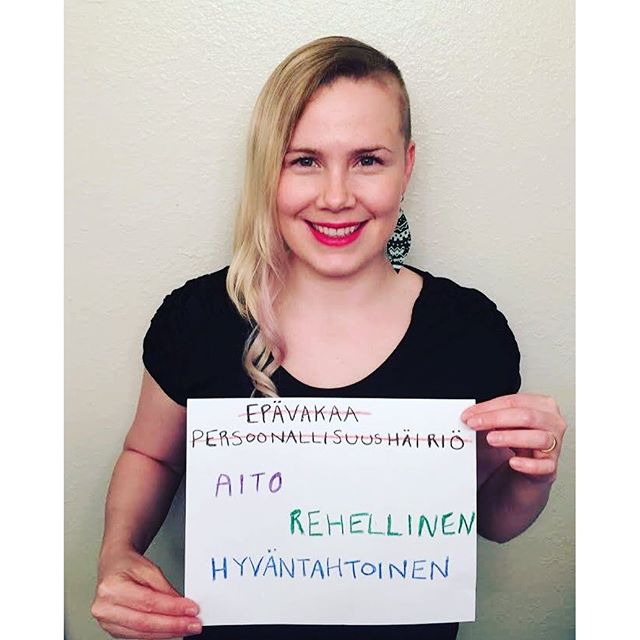 There is a new campaign called Diagnosis Free Zone. I participated by taking a selfie with my diagnosis which is "Borderline personality disorder" and instead of letting that define me, I wrote down some positive words to describe myself. I think I can say that despite my many weaknesses, I am a "genuine/real", "honest" and a "well-intentioned" person. Osallistuin uuteen "Diagnoosivapaa alue" nimiseen kampanjaan ottamalla itsestäni selfien yliviivatun diagnoosini kanssa. Ja keksin 3 sanaa, jotka kuvaavat mua kaikista heikkouksistani huolimatta. #diagnosisfreezone #leimautumistavastaan #mentalhealthawareness #borderlinepersonalitydisorder #campaign