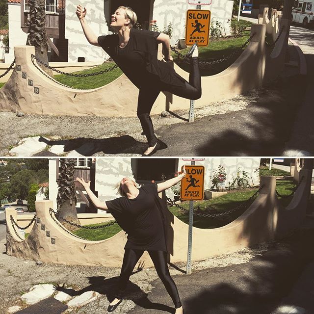 Slow - adults at play. 🏼🍾#slowdown #warningsign #trafficsign #funny #silly #humor #goofy #strikeapose #dancer #dancepose